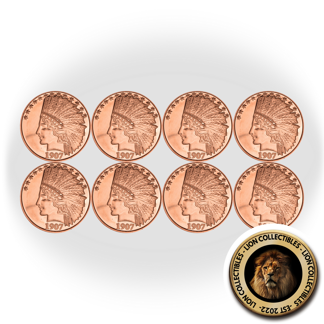 8x 1oz .999 Fine Copper Quarter Eagle Incuse Indian Head Ounce Bullion ROUND USA